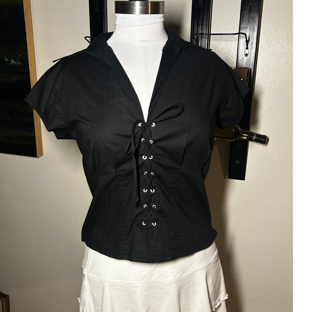 DCC Missy Womens Black Lace Up Front Short Sleeve Corset Style Top Size M